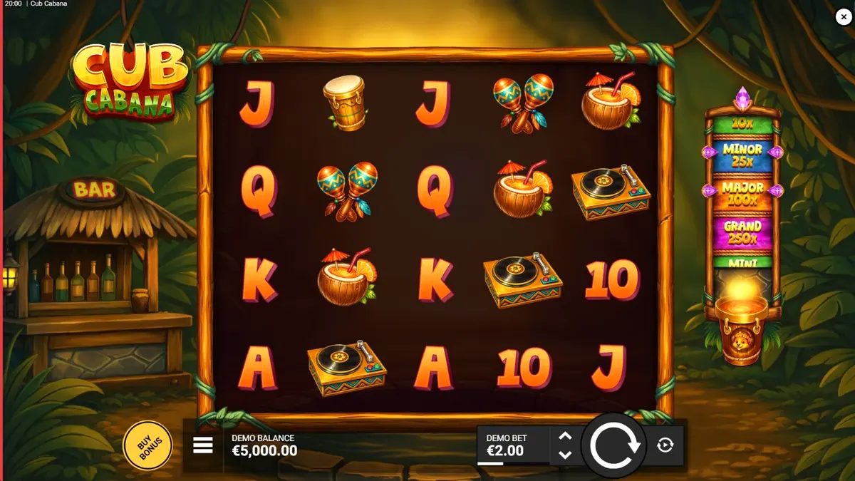 Giao diện trò chơi slot Cub Cabana với phong cách nhiệt đới rực rỡ